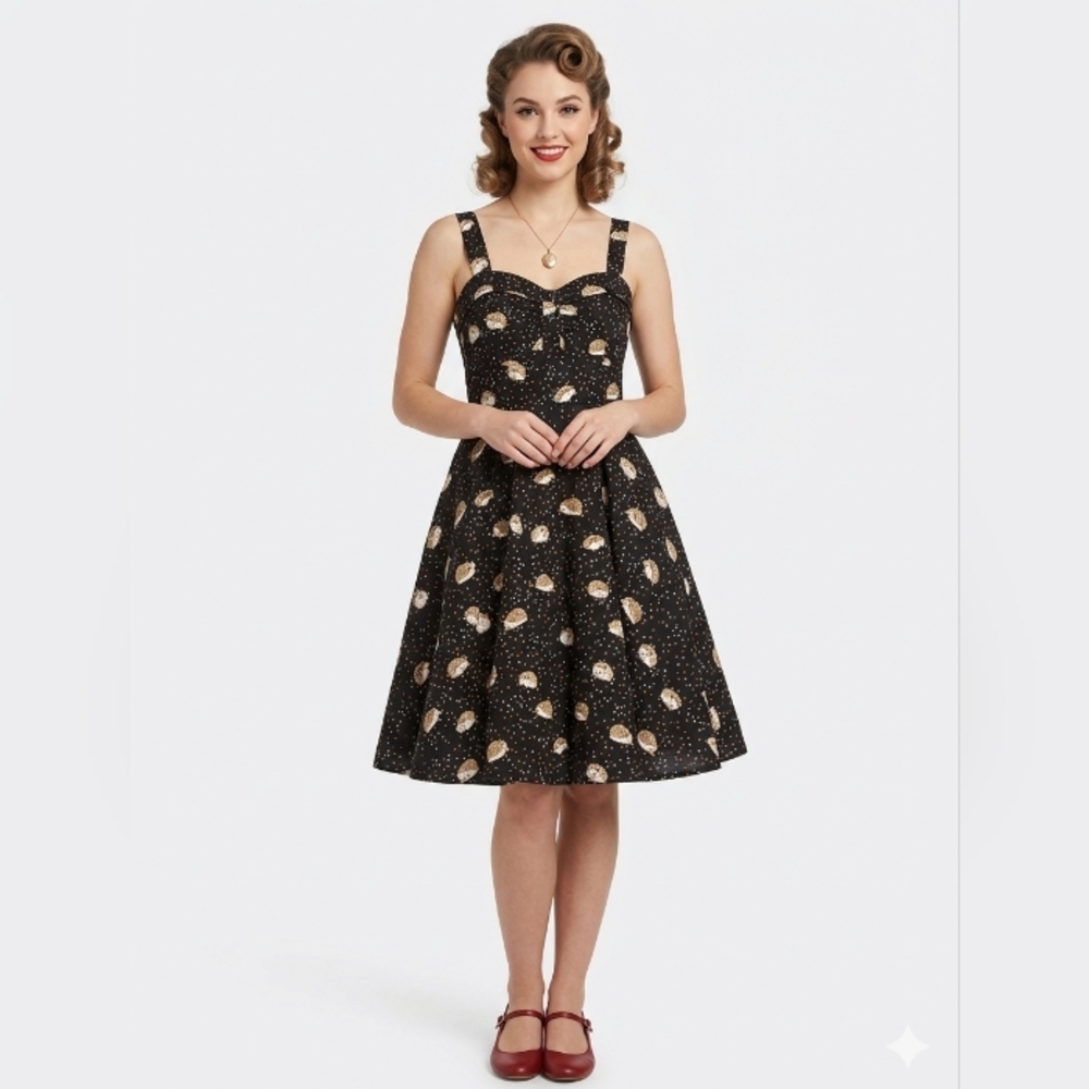 97% Cotton Black Floral Midi Dress with Sweetheart Neckline